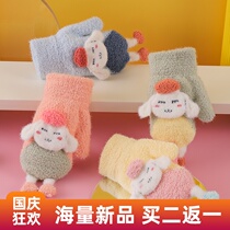Childrens warm gloves Winter 3 years old boy baby girl cute bag finger hanging rope anti catch baby 4 plus velvet thickened