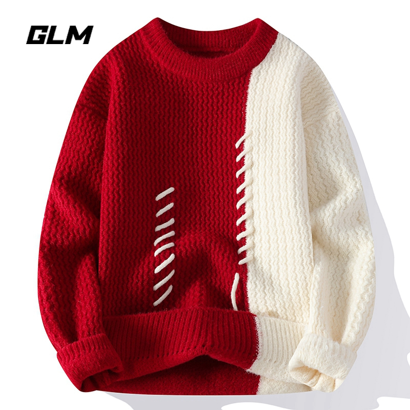 Glm Autumn and Winter New Round-Neck New Year Red Sweater with Angora Red Color for the Year of the Horse and Spring Festival, Unisex Glm Autumn and Winter New Round-Neck New Year Red Sweater with Angora Red Color for the Year of the Horse and Spring Festival, Unisex