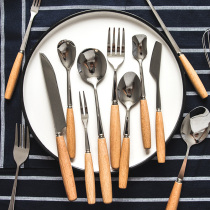 Wooden handle knife and fork spoon western tableware three-piece set children's knife and fork set stainless steel full household ins cute