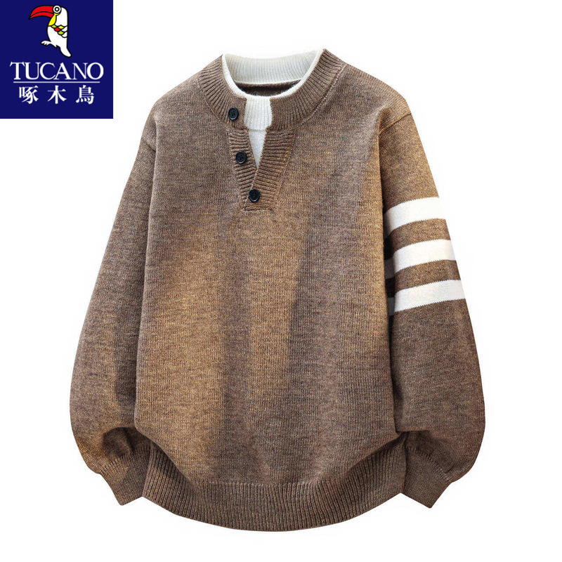 Woodpecker Fake Two-Piece Sweater for Men, Autumn and Winter Style, Warm Top for Teenage Boys, Thick Knit Sweater, Knitted Base Shirt Woodpecker Fake Two-Piece Sweater for Men, Autumn and Winter Style, Warm Top for Teenage Boys, Thick Knit Sweater, Knitted Base Shirt