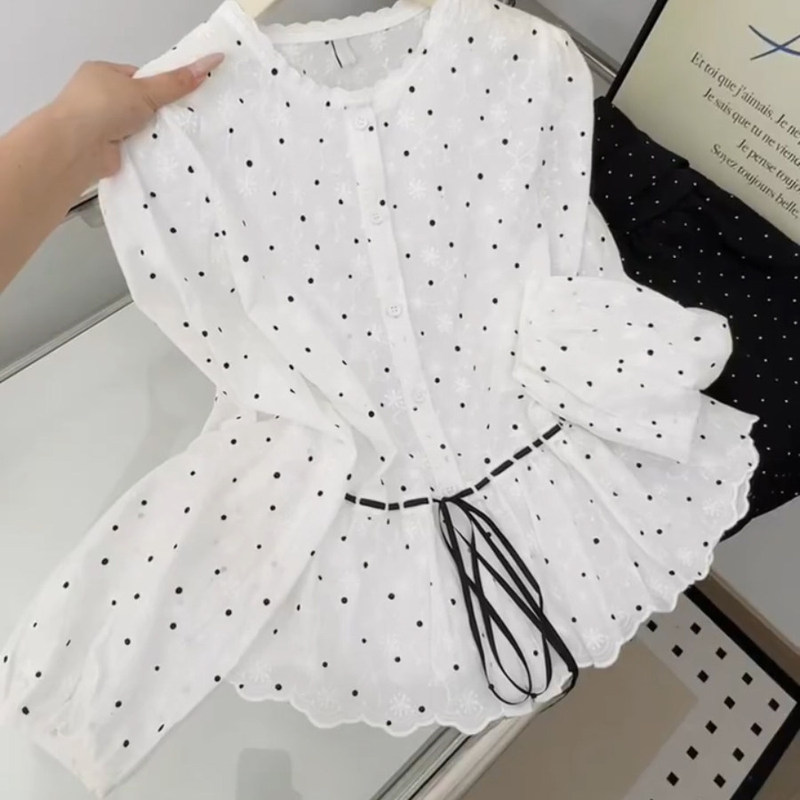French Retro White Lace Embroidered Long-Sleeved Shirt for Women Summer Waist-Cinching Tie Bow Polka Dot Shirt Top