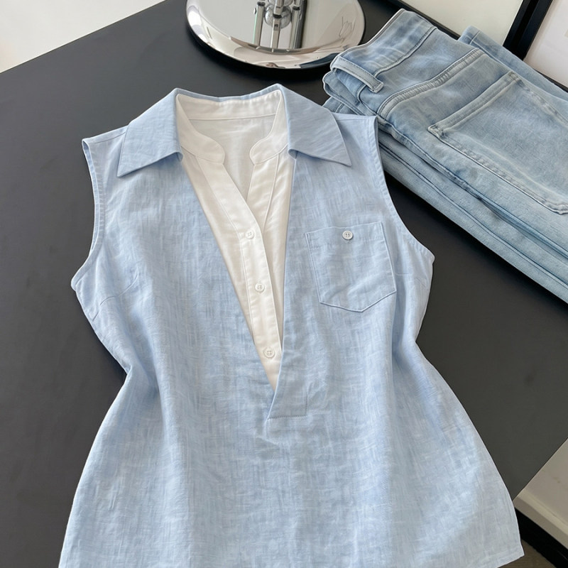 Simple Casual Blue Faux Two-Piece Sleeveless Shirt for Women, Summer High-End Slim-Fit Slimming Collared Top Thin Vest Simple Casual Blue Faux Two-Piece Sleeveless Shirt for Women, Summer High-End Slim-Fit Slimming Collared Top Thin Vest
