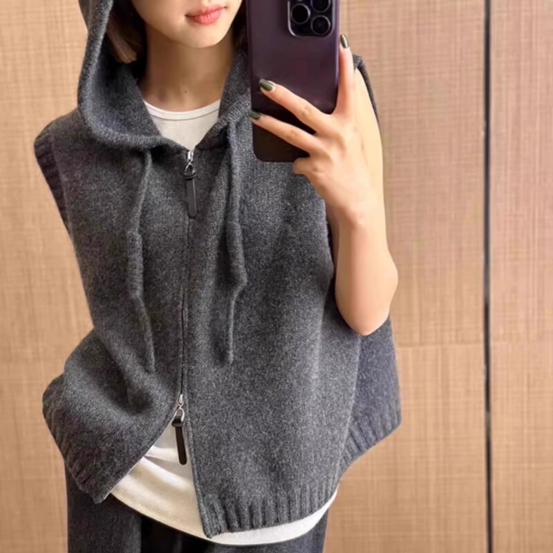 Trendy Lazy Style! Hooded 100% Pure Wool Sweater for Women, Double Zipper Loose Knit Vest, Autumn and Winter Outerwear