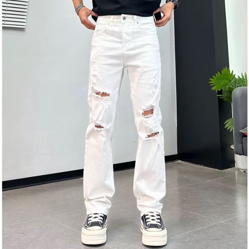 Designer Ripped Jeans for Men, White Slim-Fit Straight-Leg Stretch Pants, 2026 Summer New Style Distressed Pants