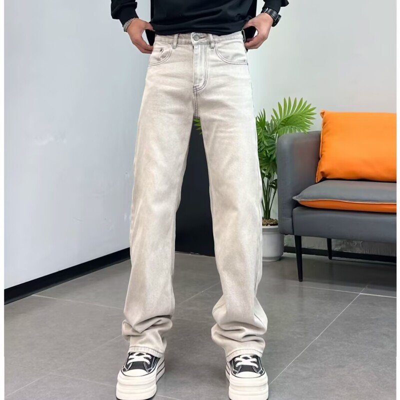 High-End Light Gray Men's Straight-Leg Jeans 2026 Spring New Trendy Coconut Tree Embroidered Long Pants