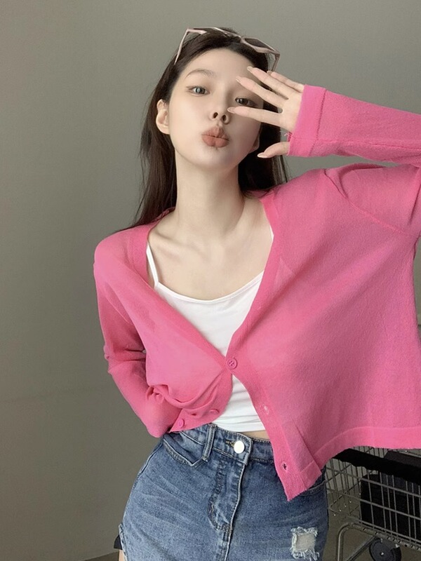 Rose Red V-Neck Short Ice Silk Knitted Cardigan for Women, Summer Camisole Outerwear, Sun Protection Cover-Up, Slimming Top