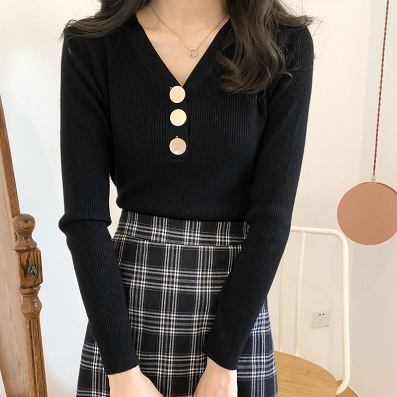 Autumn/winter V collar bottom shirt female long sleeves Nets tight fit and buckle stitch cardiovert cardiovert sweater polo