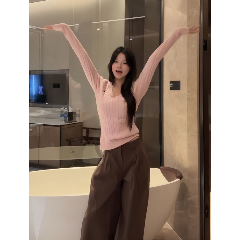 Korean Style Pink V-Neck Cable Knit Sweater for Women, Autumn and Winter, High-End Feel, Lazy Style, Soft and Cozy Top Korean Style Pink V-Neck Cable Knit Sweater for Women, Autumn and Winter, High-End Feel, Lazy Style, Soft and Cozy Top