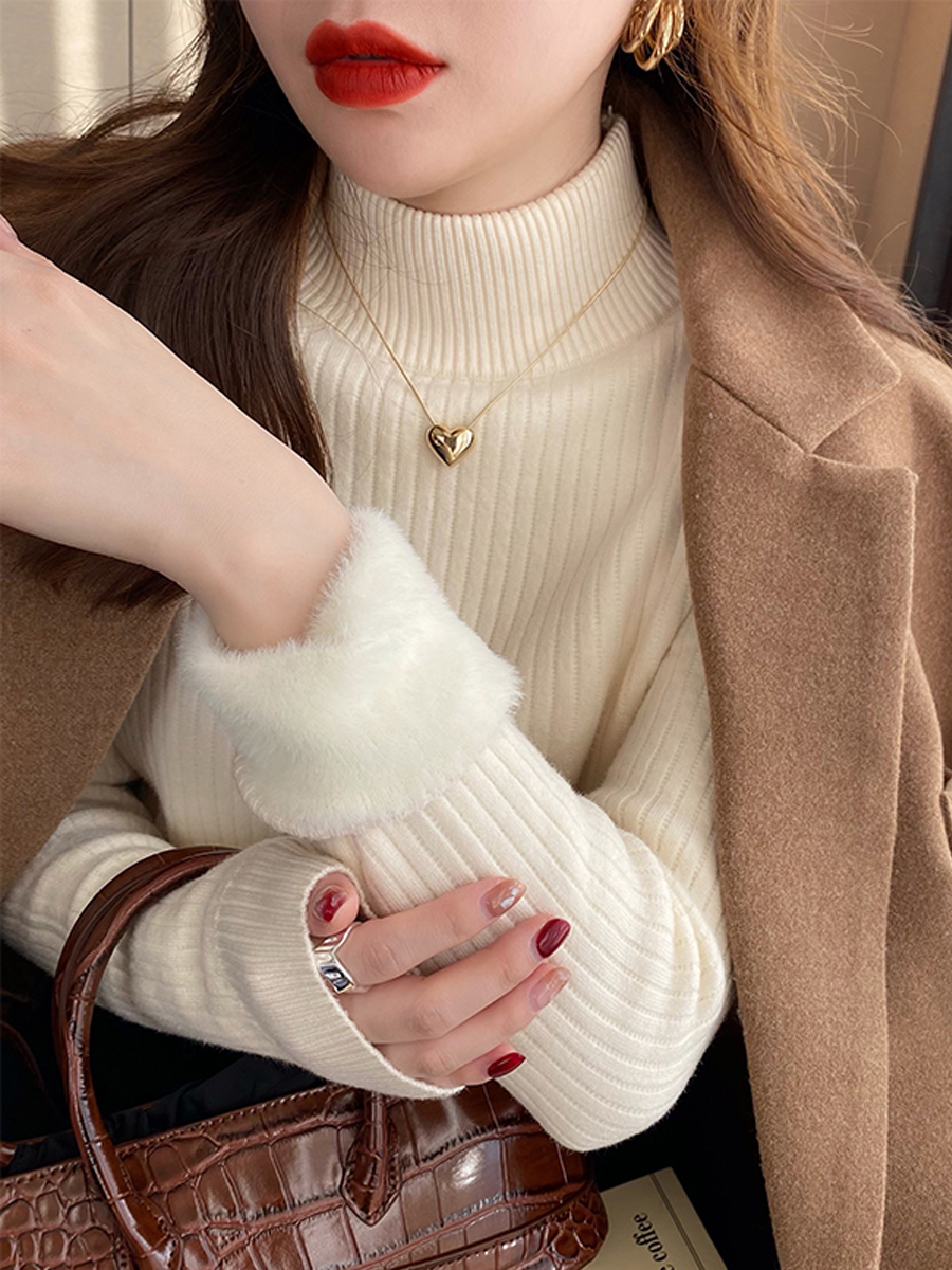 Semi-high collar thickened integrated suede bottom sweater women's autumn winter 2023 new net red burst inside lap knit blouse-Taobao