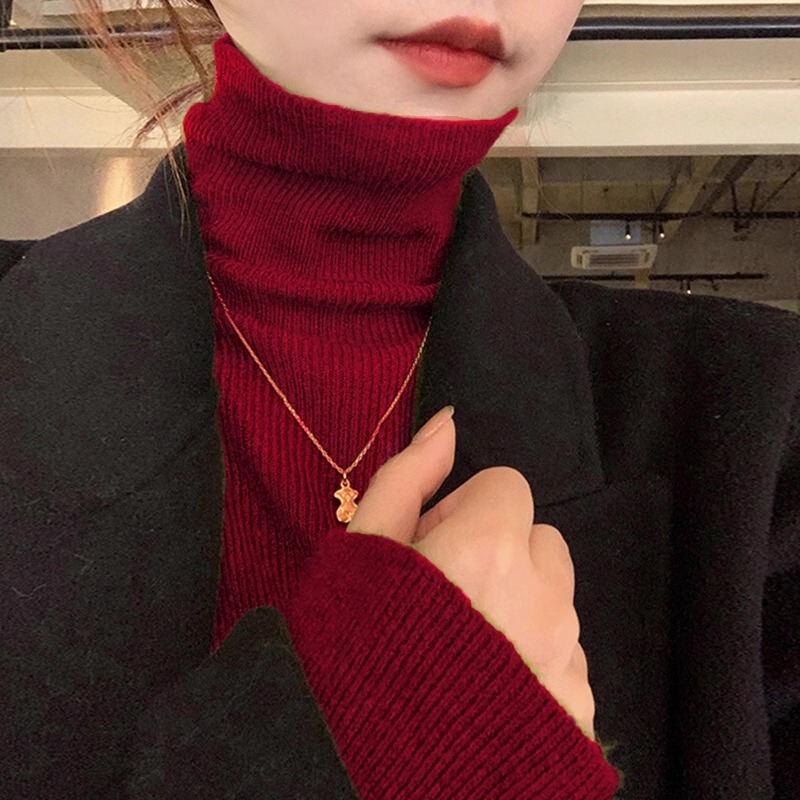 High-Neck Soft Knit Top for Women, 2026 Autumn and Winter New Style, Vintage Red Base Layer, Stacked Collar Sweater