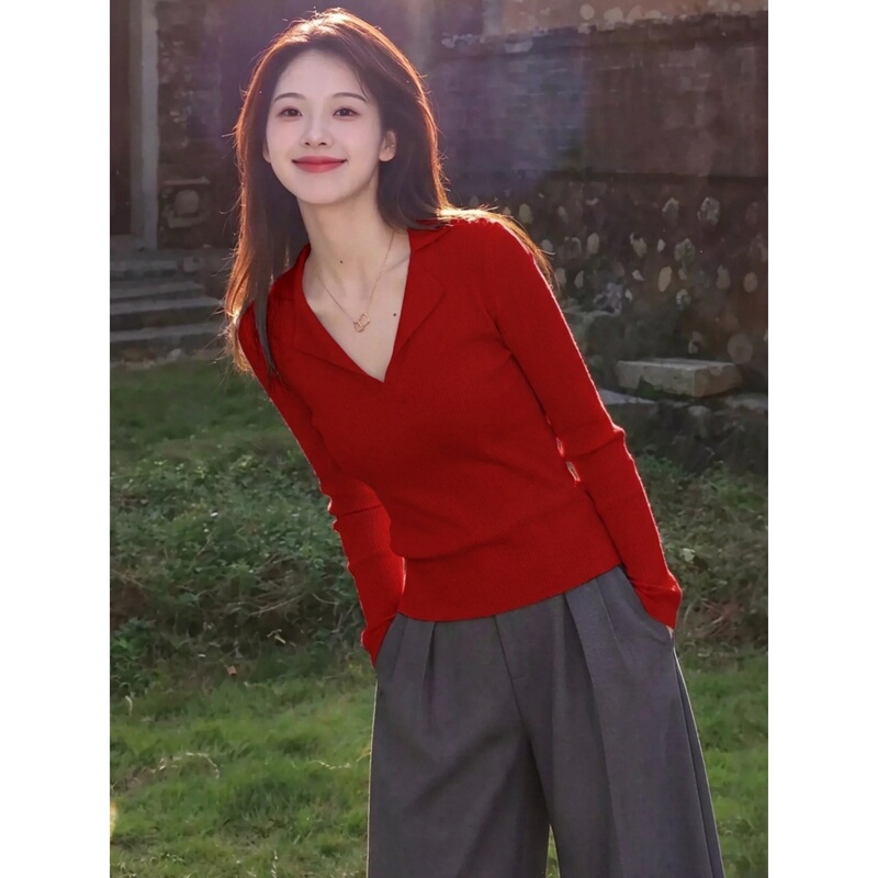 Red Polo Collar Knitted Top for Women 2026 New Autumn and Winter Korean Style Long-Sleeved Sweater Slim Fit Base Layer Shirt