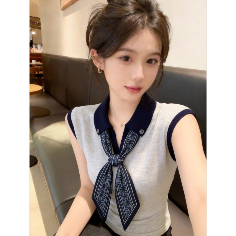 Fashion Color-Blocking Silk Scarf Polo Collar Knit Vest for Women 2026 Summer New Style Sleeveless T-Shirt Versatile Top