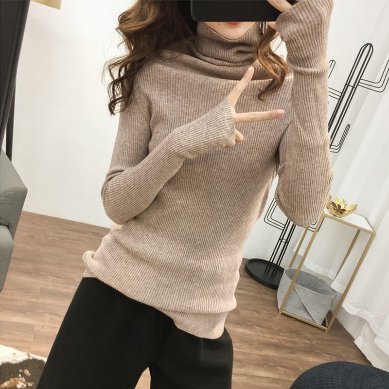 Autumn Winter Women's Clothing Network Red Tight Body Pile High Collar Warm Sweater Long Sleeve Head Inside Lap T-shirt Bottom Knit Knitwear