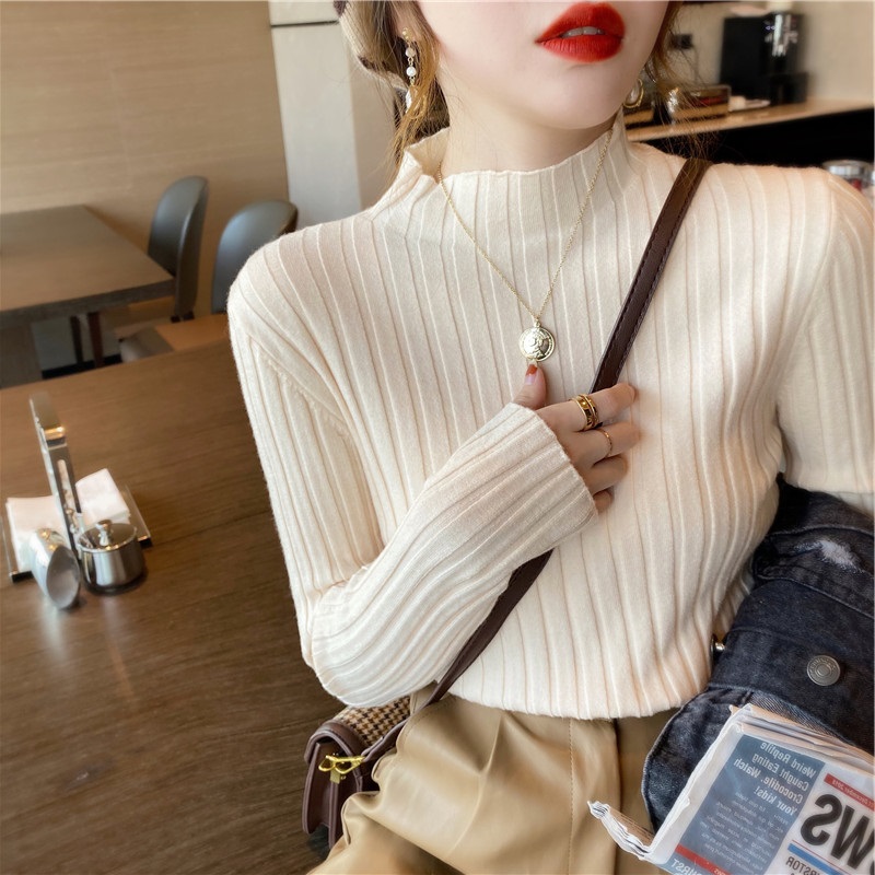 Knitted undershirt female autumn and winter semi-high collar blouses 2022 new 100 hitchhiking strips of inner hitch slim sweater