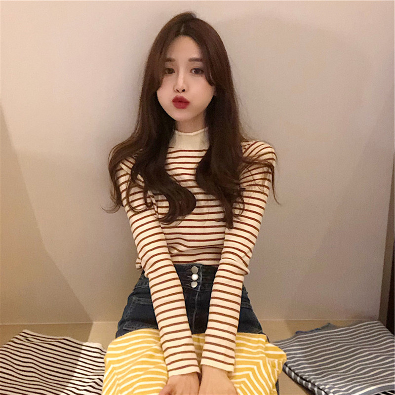 Spring and autumn clothes 2022 new half-height collar striped long sleeve knitted undershirt with a tight sweater jacket for women's winter