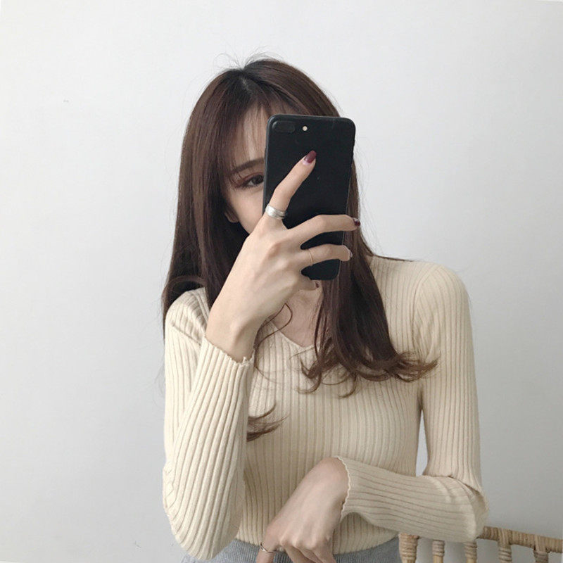 chic fall overboard with slim V collar knit cardiovert elastic body long sleeve headblouse for undershirt sweater