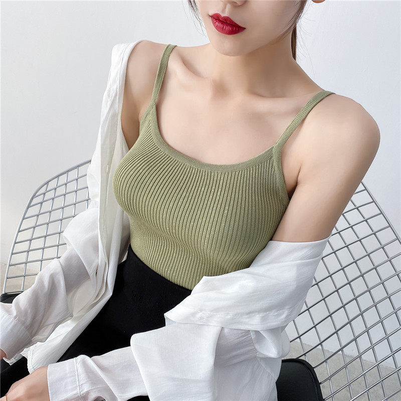 Small hanging vest woman in summer with fix outer design sensitivity short green sleeveless knitted tops