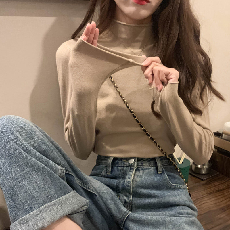 Semi-high collar undershirt female polo 100 hitch in spring autumn and winter lazy sweaters long sleeves Nets knitted sweaters blouses