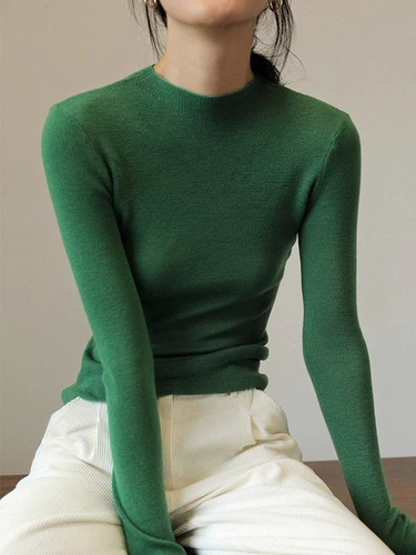 Демисезонный свитер, зеленый цветной трикотажный лонгслив, высокий воротник, в западном стиле, изысканный стиль