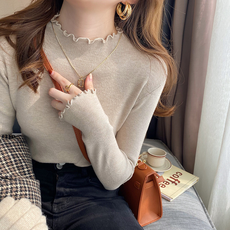 Autumn and Winter Stylish Inner Layer Base Shirt for Women, 2026 Winter New Style Ruffled Half-High Collar Sweater Knit Top