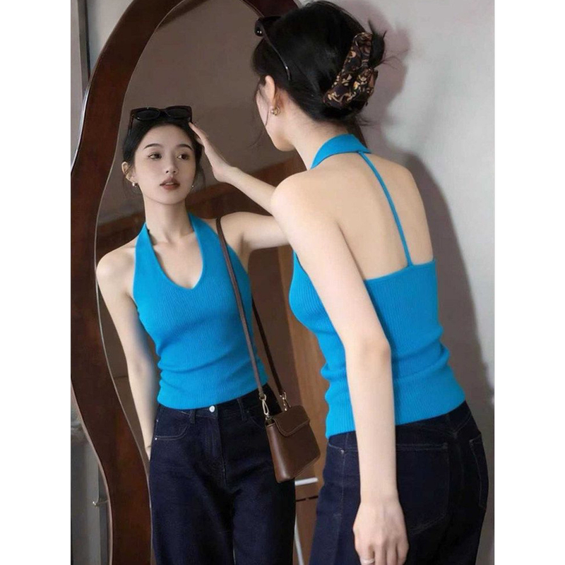 Chic Blue Knitted Halter Top for Women, 2026 Summer New Style, Slim Fit, Backless, Sleeveless Crop Top Chic Blue Knitted Halter Top for Women, 2026 Summer New Style, Slim Fit, Backless, Sleeveless Crop Top