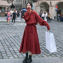 Plaid dress female spring and autumn 2020 new long sleeve Korean loose waist temperament retro French slim long skirt