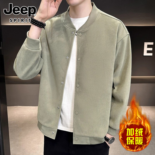 Jeep Fleece-Lined Jacket for Men, 2025 Winter Trendy Baseball Collar Casual Corduroy Sports Jacket for Men