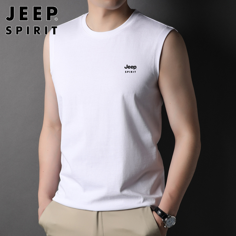 Jeep Pure Cotton Vest for Men, American Style Outerwear Sports Vest, Summer Trendy Brand White Sleeveless T-Shirt for Men