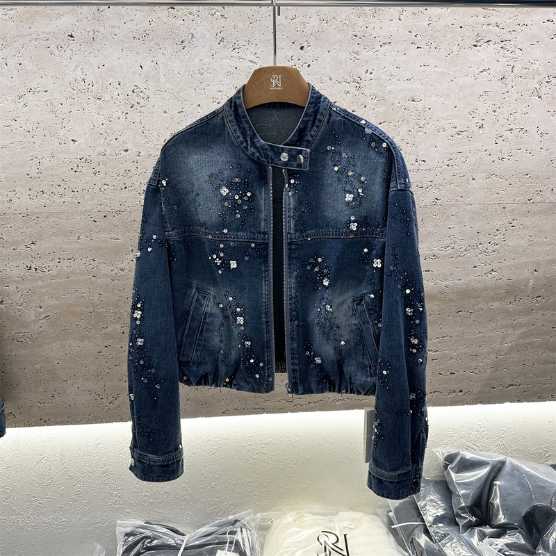 Snr2026 Spring Design Heavy Sequined Denim Short Jacket for Women with Stand Collar, Petite Jacket Top 26060