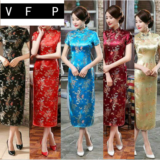 Long cheongsam suitable for photo sessions, dress, clothing, brocade, dragon and phoenix, with short sleeve, party clothing