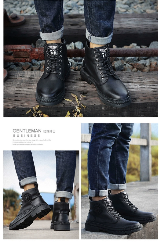. Giày bông nam mùa đông nhung ấm áp bông bốt da đen Martin boots nam tăng phiên bản hàn quốc dày xu hướng - Kính khung