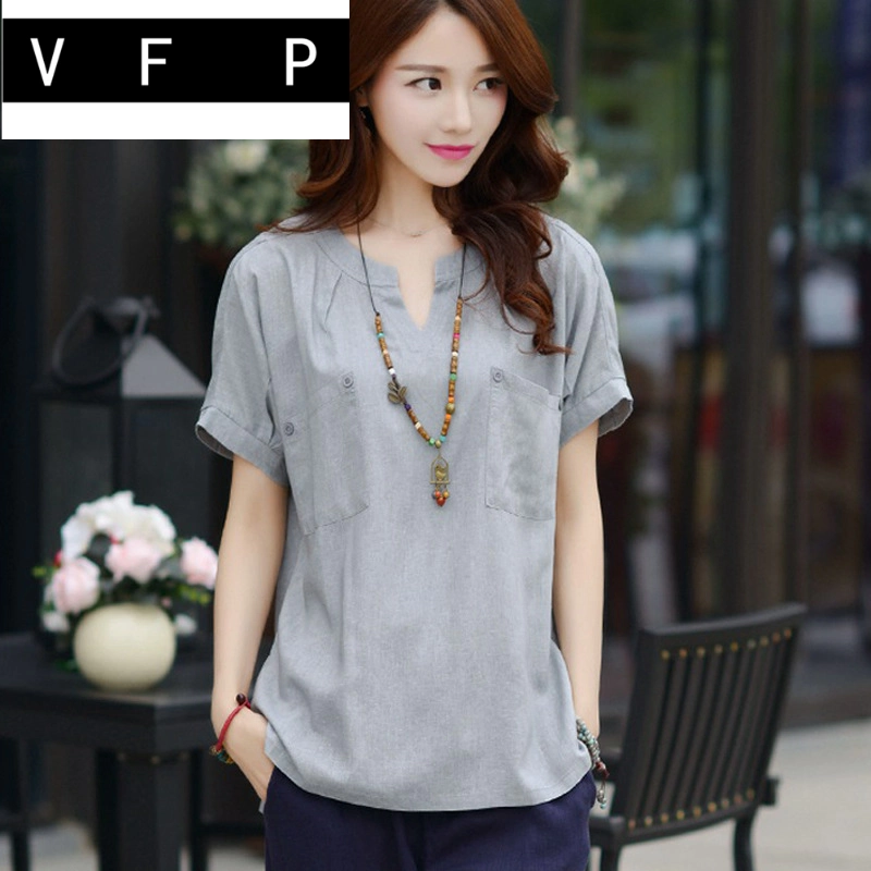 . Năm 2020 mùa hè mới cộng với kích thước của phụ nữ Hàn Quốc áo thun cotton và lanh ngắn tay giản dị của phụ nữ áo sơ mi vải lanh lỏng lẻo trên + - Áo sơ mi