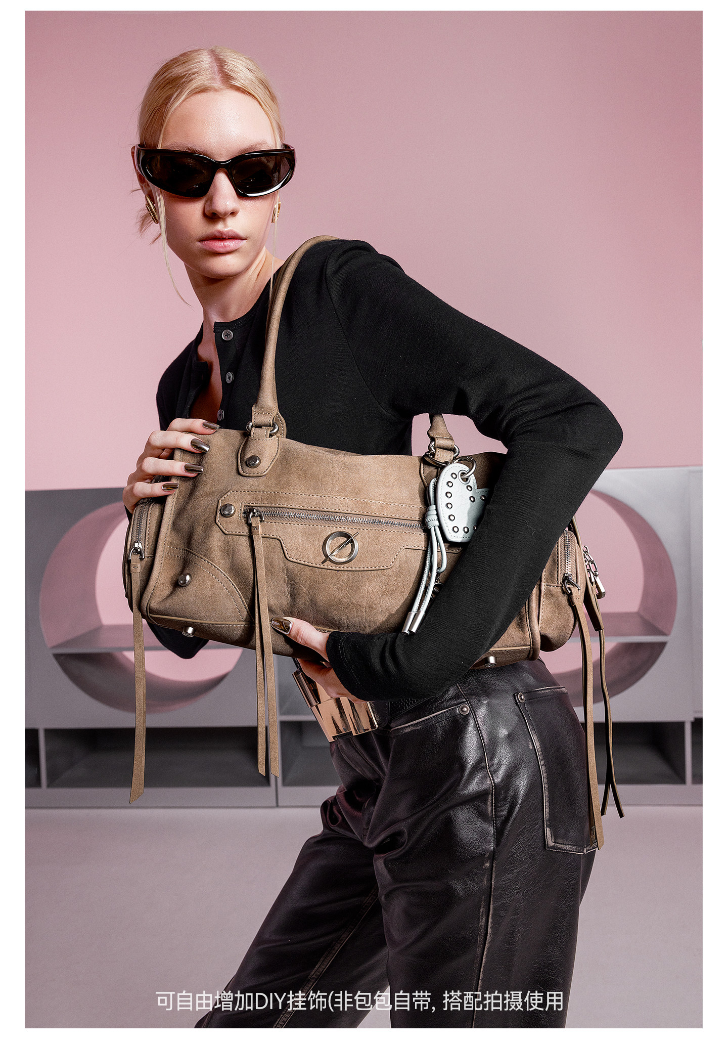 JELLY TOYBOY Khaki Brown Faux Leather Zip-Top Shoulder Bag