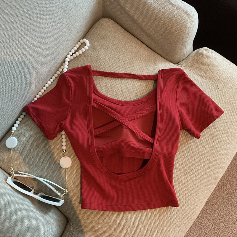 Backless Short-Sleeve T-Shirt for Women, Summer Dopamine Bright Color with Chest Pads, Unique Sweet and Spicy Jazz Style, Cropped Top
