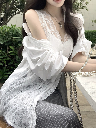 灰色条纹鱼尾半身裙女春夏新款miu系长裙蕾丝拼接衬衫三件套装裙