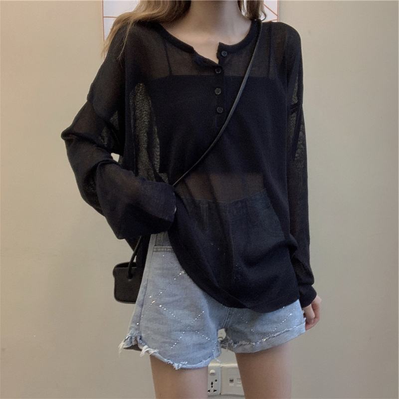 Black Mid-Length Top for Women, Early Autumn Outfit, Thin European-Style Oversized Sun-Protective Cover-Up, Long-Sleeve T-Shirt with Hidden Bottoms