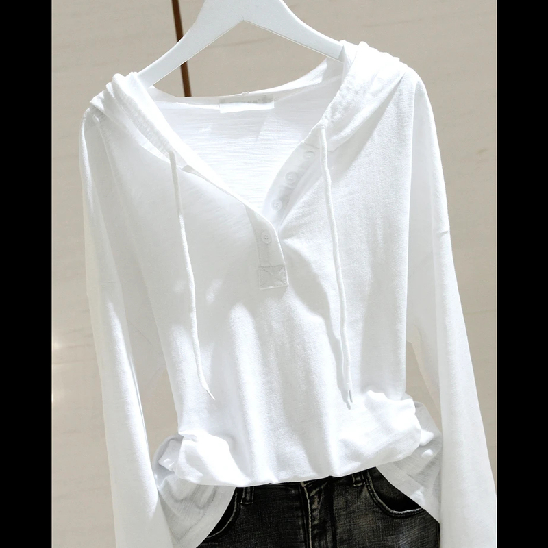 White Hooded Long-Sleeve T-Shirt for Women, 2026 Spring and Autumn New Thin Style, Slimming Inner Layer, Sun-Protective Bamboo Cotton Top