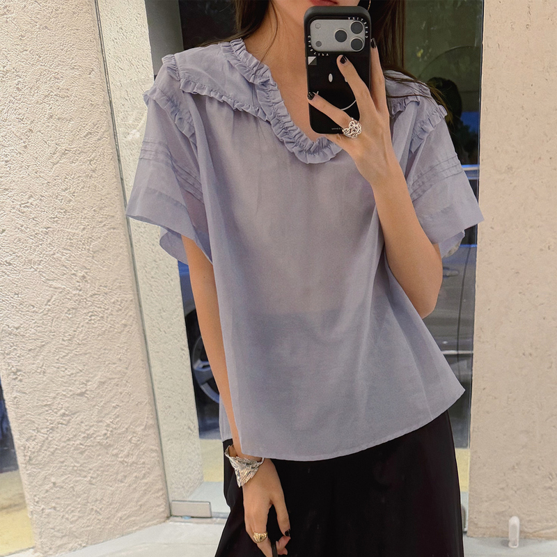 《Le Bonheur》French-Style Romantic Silk Cotton Ruffled Blouse for Women, Vintage Style, Versatile Summer Short-Sleeve Top 《Le Bonheur》French-Style Romantic Silk Cotton Ruffled Blouse for Women, Vintage Style, Versatile Summer Short-Sleeve Top