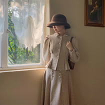 WangHanYan wool Son Suit Womens Style Retro Foreign Air Collection Waist Temperament Blouse half body dress Two sets