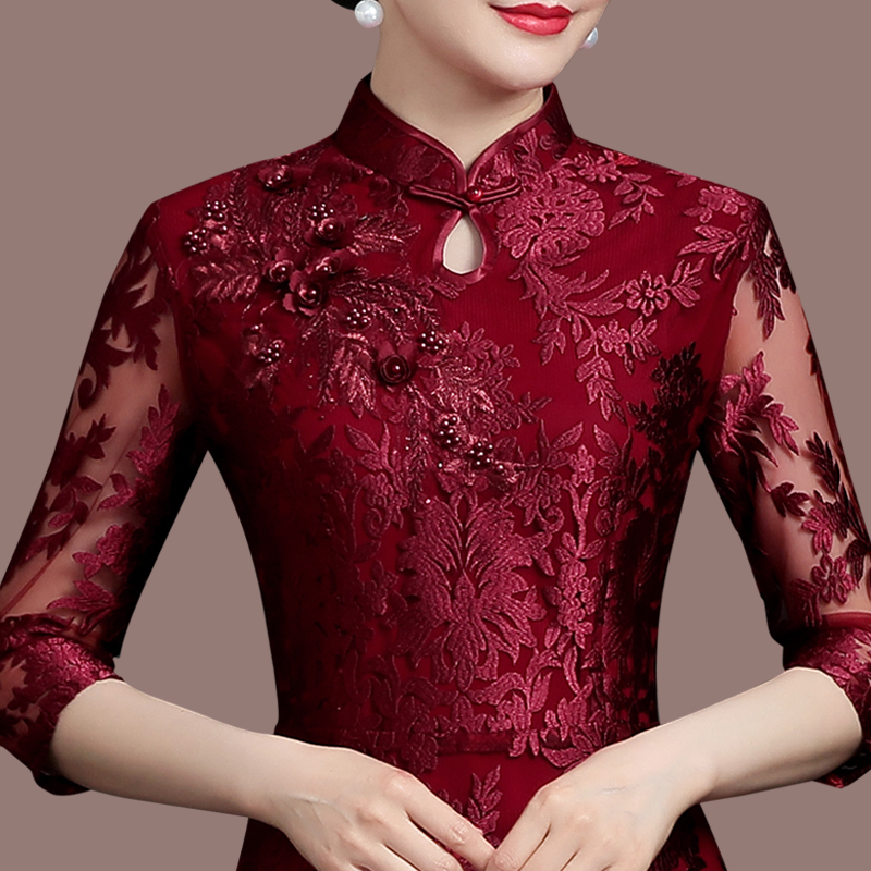 Belly-Covering Elegant Mother-Of-The-Bride Dress for Wedding Banquet 2026 New Model, Noble and Youthful, Can Be Worn Casually, Burgundy Cheongsam Belly-Covering Elegant Mother-Of-The-Bride Dress for Wedding Banquet 2026 New Model, Noble and Youthful, Can Be Worn Casually, Burgundy Cheongsam