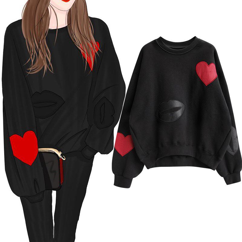 Black thick cotton T women 2022 spring autumn season new Korean version loose 100 hitch pure color printed erotico with round collar blouses