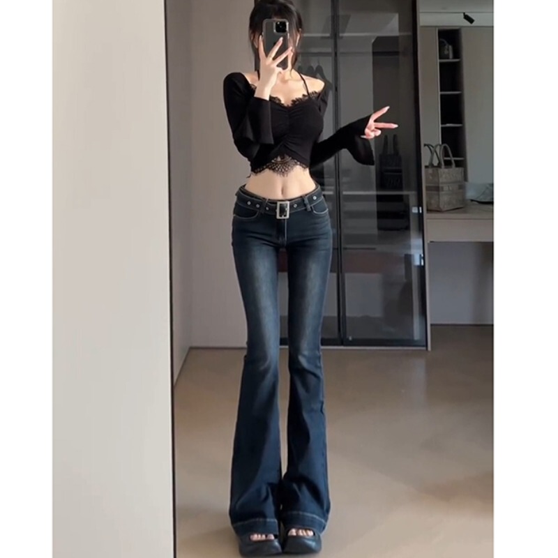 Dark Blue Low-Waisted Slim-Fit Flared Jeans for Tall Women in Autumn and Winter, 175cm Tall, Slimming, Extra-Long 170cm Floor-Length Pants