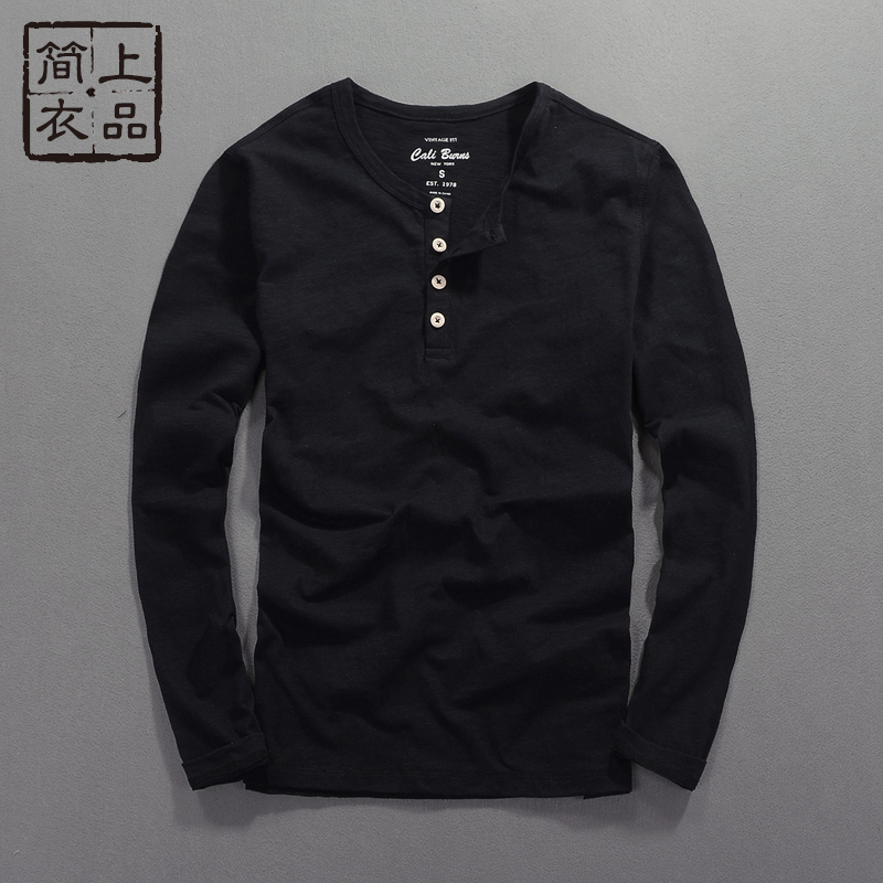 Men's Bamboo Cotton Long-Sleeved T-Shirt, New Autumn Style, Slim Fit, Solid Color, Round Neck, Pure Cotton, Henley Collar, Trendy T-Shirt