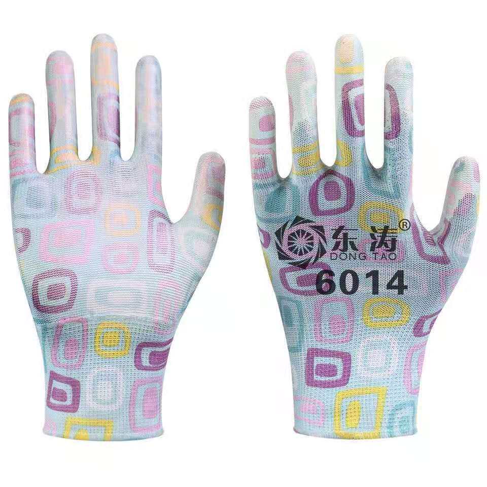 Dongtao PU gloves antistatic palm coating light and flexible and breathable adhesive hand type non-slip thirteen pin white nylon