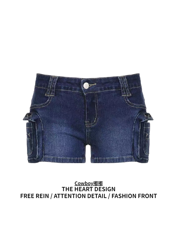 European and American Biker-Style Hot Girl Three-Dimensional Pocket Denim Ultra-Short Shorts, Feminine Low-Waist Design, Slimming Casual Pants, Trendy