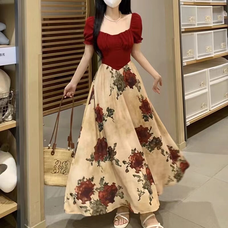 Desert Rose Hong Kong Style Retro Print Dress Summer Plus Size High Waist Elegant Red Long Skirt