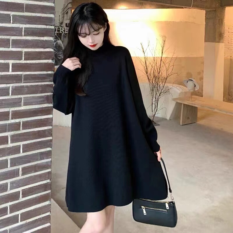 Pregnant Women's Autumn and Winter Large Size Loose Thick Knitted Dress for Plus-Size Girls, Hepburn Style Half-High Collar Sweater Little Black Dress Pregnant Women's Autumn and Winter Large Size Loose Thick Knitted Dress for Plus-Size Girls, Hepburn Style Half-High Collar Sweater Little Black Dress