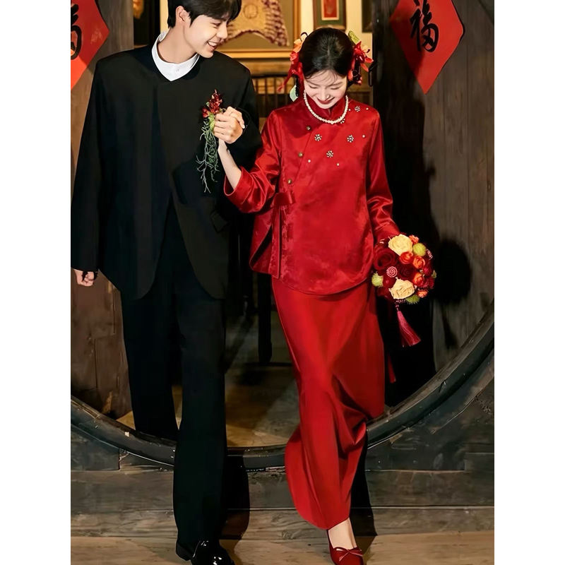 New Chinese-Style Red Maternity Qipao Set for Toasting, Engagement Dress, Autumn and Winter Plus-Size Robe for Pregnant Women, Belly-Covering Wedding Morning Gown New Chinese-Style Red Maternity Qipao Set for Toasting, Engagement Dress, Autumn and Winter Plus-Size Robe for Pregnant Women, Belly-Covering Wedding Morning Gown