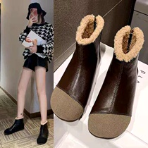 Hongman business rice womens shoes winter plus velvet padded short boots non-slip Joker color combination Korean version back zipper snow boots