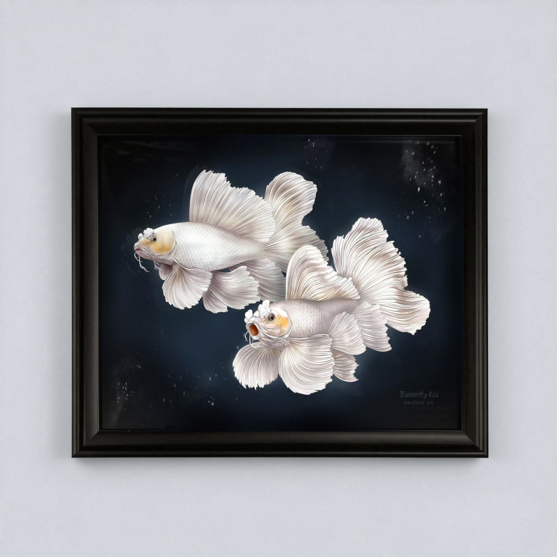 Butterfly Carp High-End Aquarium Ornamental Fish Tank Background Decoration Hanging Painting Art Micro-Printed Imported Paper with Wooden Frame